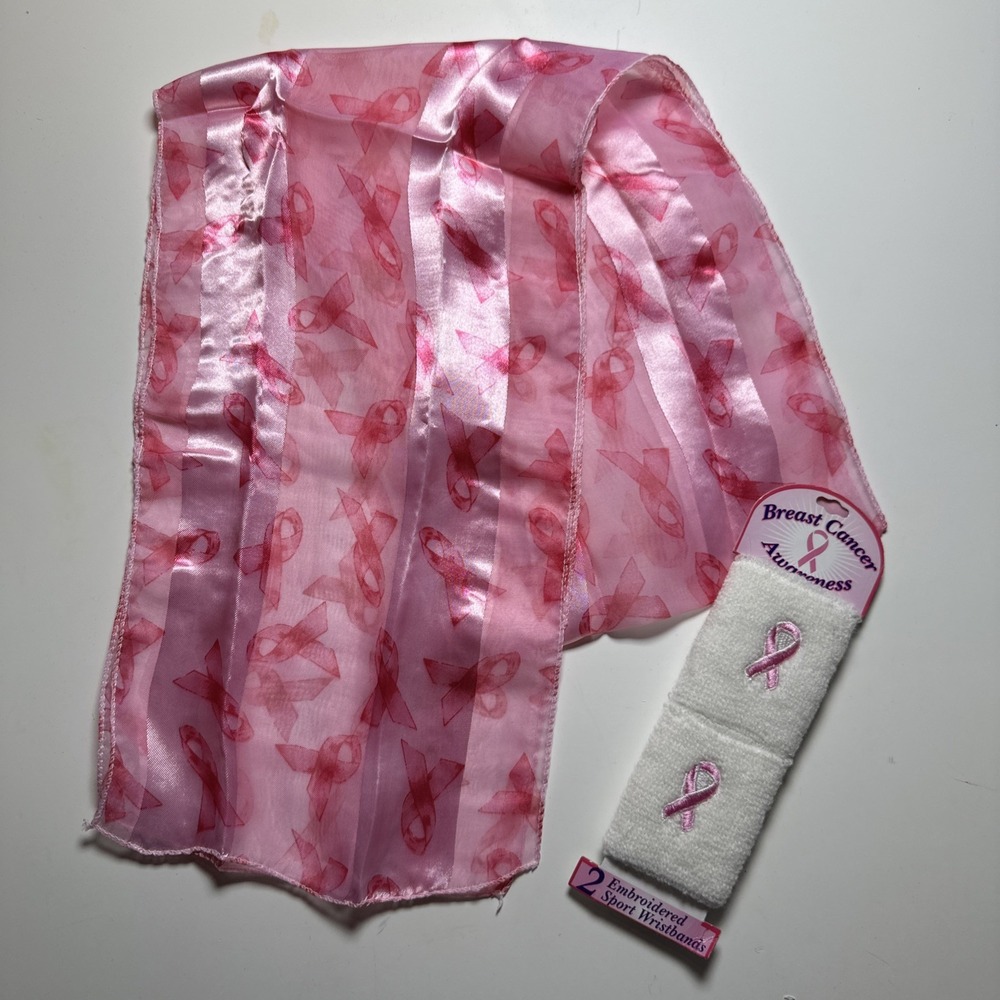Breast Cancer Awareness Ribbon Scarf & Matching Wrist Bands Pink White NEW